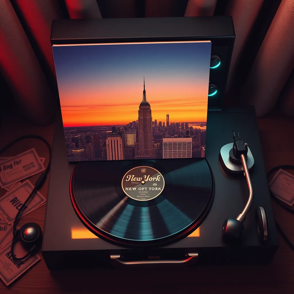 Craft a lavish digital display of a vintage vinyl record album featuring New York-themed songs. The album cover should depict the skyline of Manhattan under a twilight sky, transitioning from deep blue to vibrant orange. Surround the record player with retro-inspired props, such as old concert tickets and stylish headphones. Use soft diffused lighting to create a nostalgic and warm atmosphere, emphasizing the textures of the vinyl and the glossy album cover. Incorporate reflections of city lights in the record player’s surface, symbolizing the bustling nightlife of New York. Capture the scene from a top-down perspective, balancing the layout harmoniously. The color scheme should invoke a sense of nostalgia, with a palette of muted pastels and rich jewel tones. The image should be hyperrealistic, 8K resolution, focusing on the details of the album cover art and surrounding elements to portray the passion for New York's musical heritage.