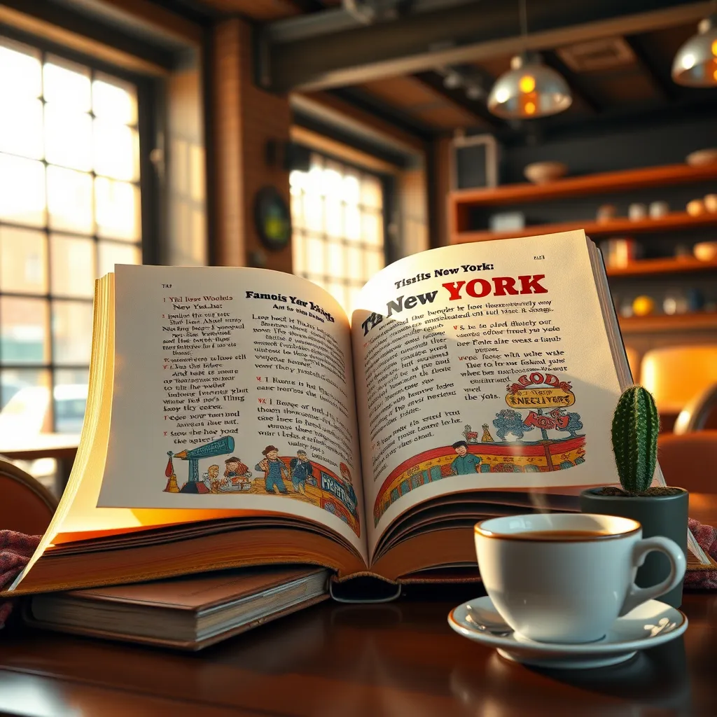 Create a photorealistic image of an open book filled with vibrant illustrations of famous New York songs' lyrics. The pages flutter in a gentle breeze, illuminated by soft diffused lighting. The background should feature a cozy café setting in Brooklyn, with large, bright windows letting in warm afternoon sunlight. The color palette should include rich blues, soft golds, and hints of red, evoking the warmth and vibrancy of New York. Include a steaming cup of coffee on the table, alongside a small potted cactus for texture contrast. The camera angle should be slightly elevated, looking down at the book and café, creating an inviting yet intimate perspective. Style references could evoke the feel of old New York photographs, with ultra-detailed textures capturing the fabric of the book and the warmth of the café ambiance. Aim for a hyperrealistic 8K resolution image to enhance every detail.